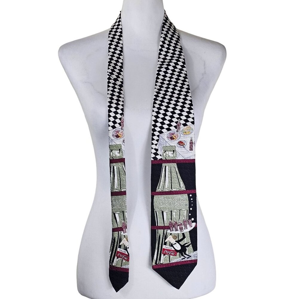 Vintage Coca-Cola 100% Silk Necktie Sears 1990s Checkerboard & Soda Bottle Retro
